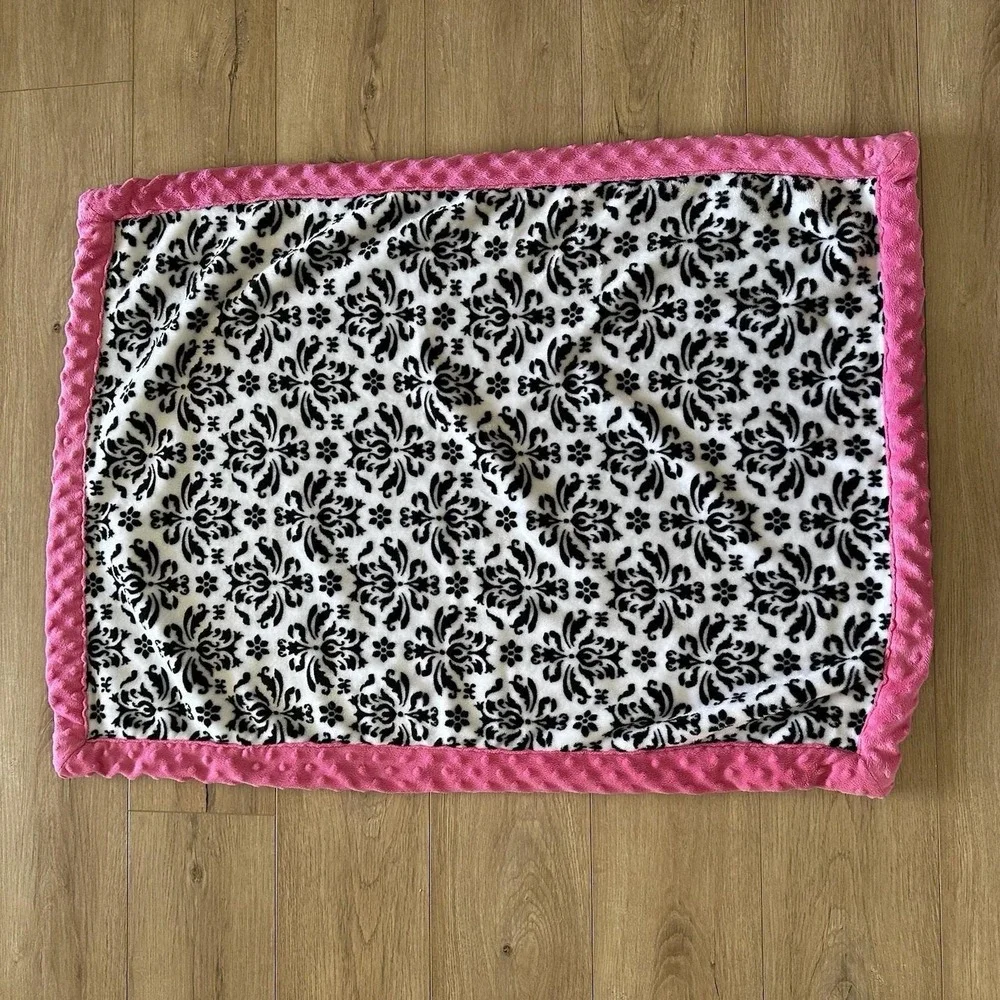 Okie Dokie Damask Baby‎ Blanket Black White Hot Pink Minky Dot Trim Edge 30x40